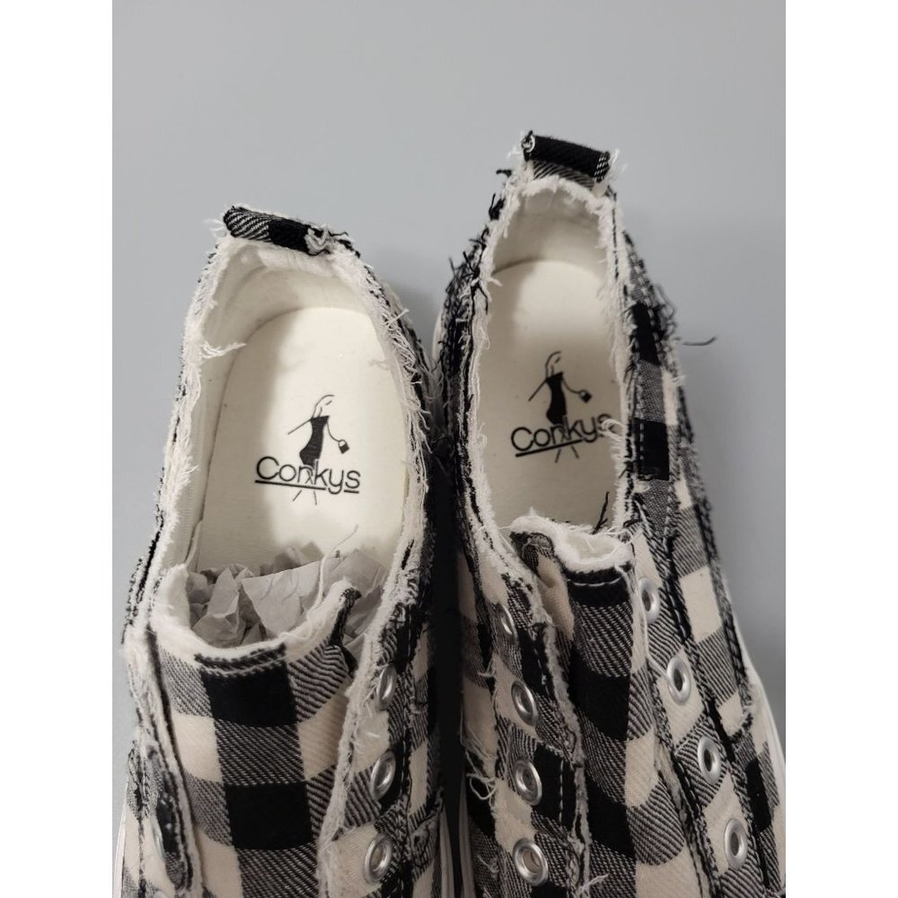 Corkys Boutique Black White Babalu Distressed Buffalo Plaid Slip on Sneakers, 6 - Picture 6 of 7